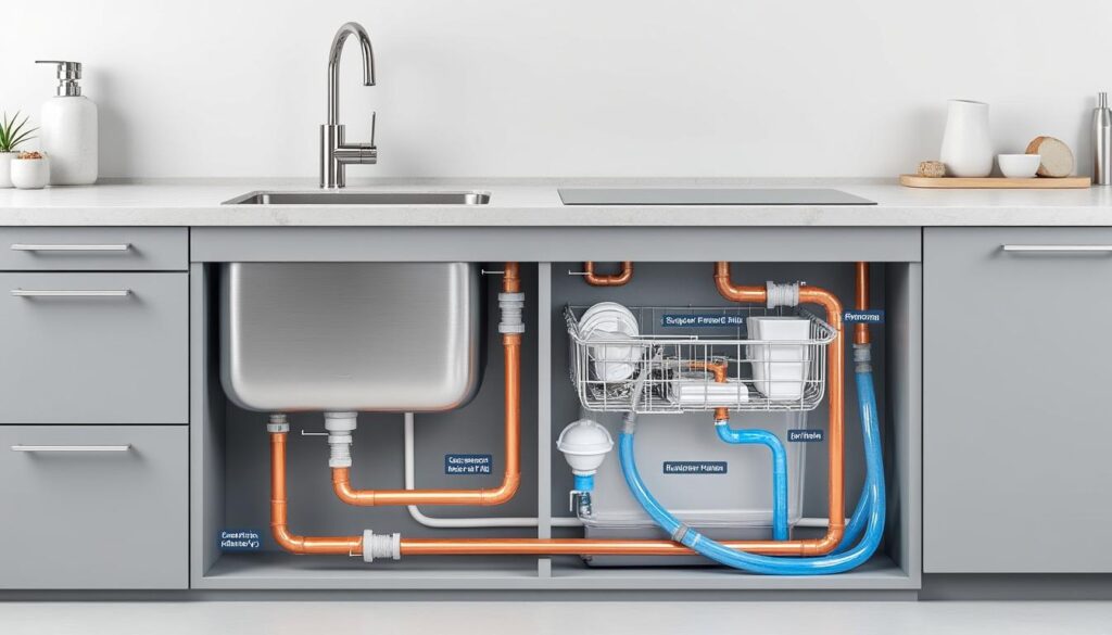découvrez un schéma clair pour l'évacuation de l'évier et du lave-vaisselle, garantissant une installation facile, rapide et efficace pour votre cuisine.